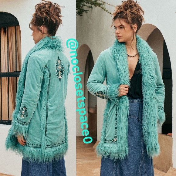 New Spell Designs Joplin Jacket Teal Penny Lane Trench Coat Faux Fur S Emerald - Picture 6 of 17